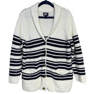Lands End Chunky Knit Navy Ivory Shawl Collar Cardigan Nautical Preppy Size XL